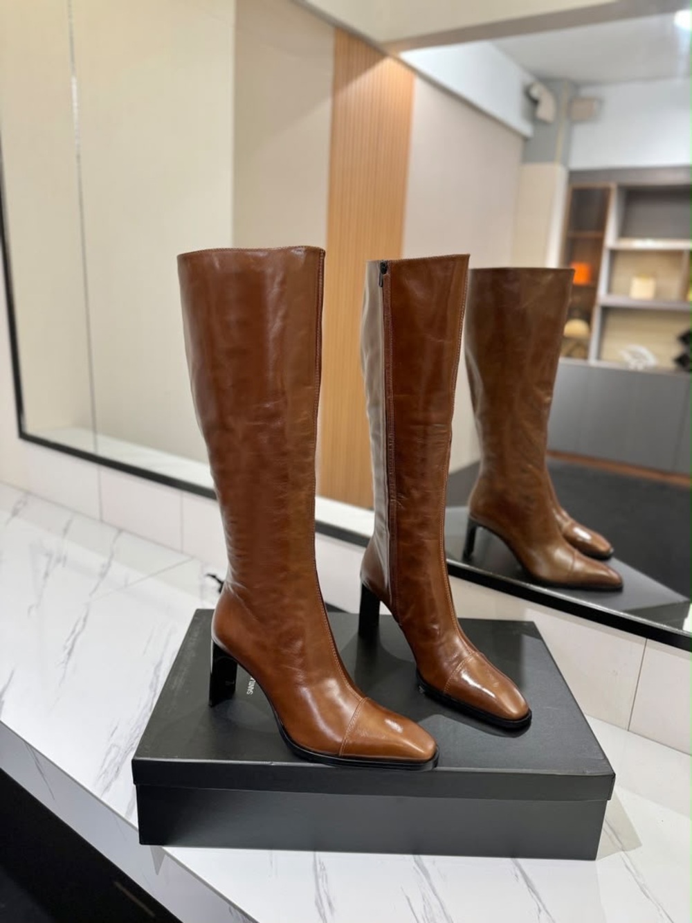Women's Tall Brown Leather Knee Boots with Block Heel